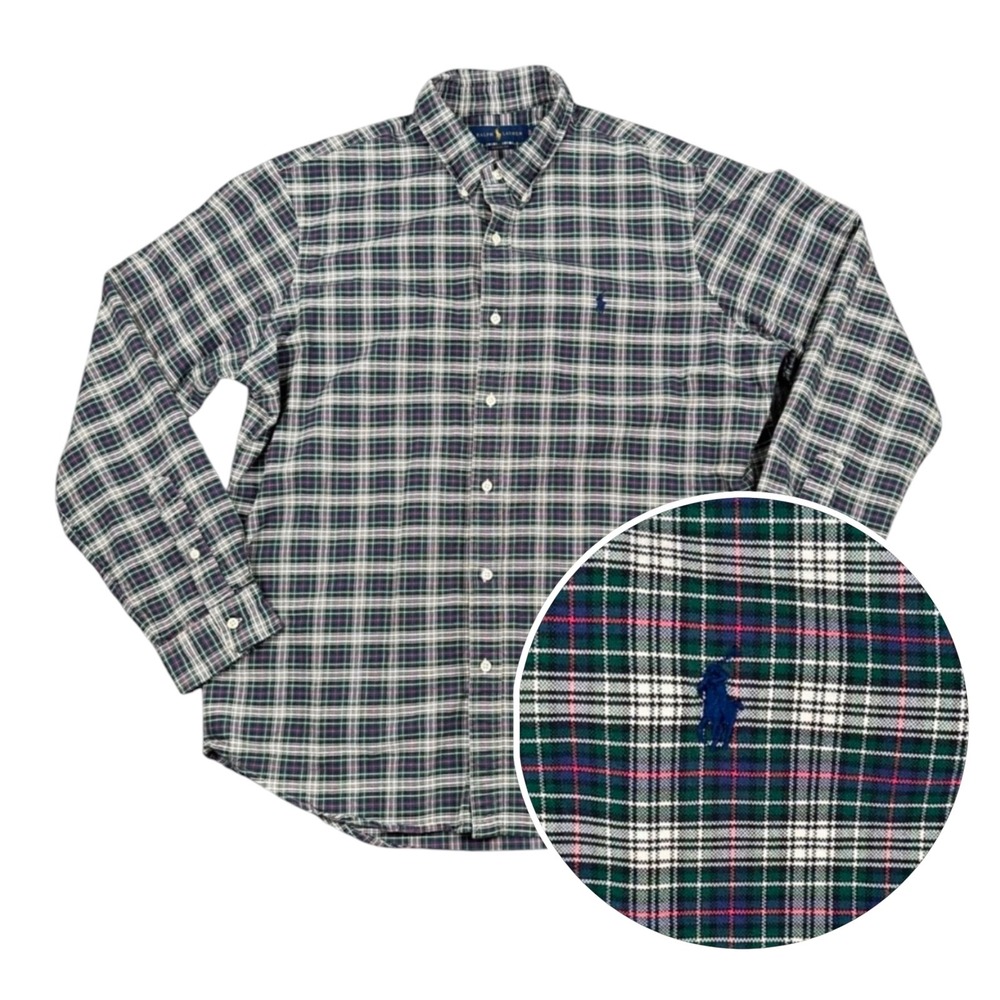 Polo Ralph Lauren Button Down Short Mens XL‎ Classic Fit Green Navy Blue Plaid